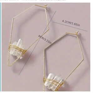 Gold Tone Boho Geometric hoops with wire wrapped Quartz stones - New